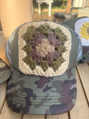 Crochet Patch Camo Trucker Hat - Olive Green